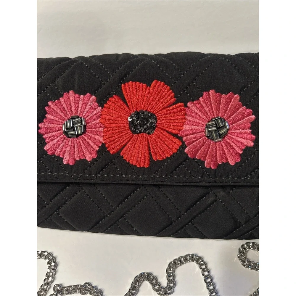 Vera Bradley Celebration Clutch Black Quilted Red Pink Flower Silver Chain Strap